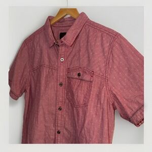 prAna Men's Size Medium Short Sleeve Button Down Shirt Red White Pattern